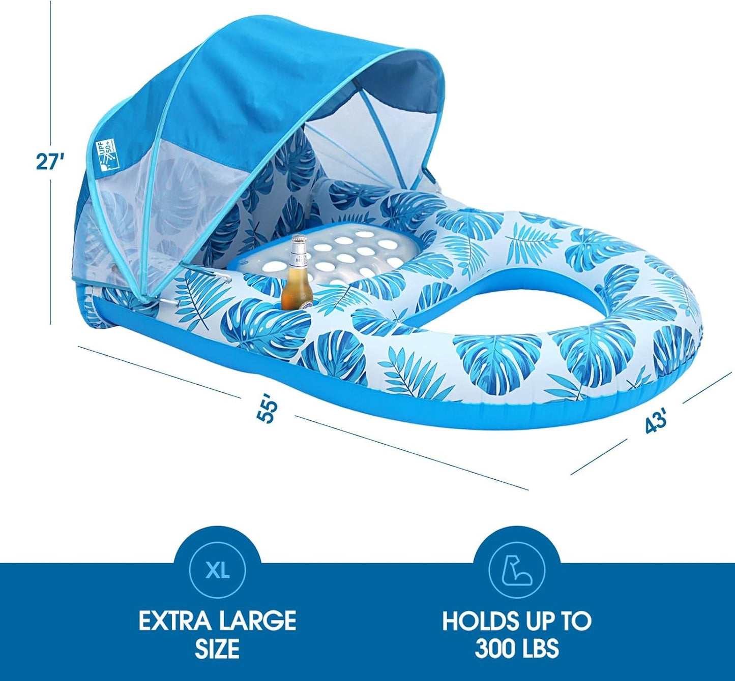 Extra Large Pool Lounge Float with Canopy, Cup and Phone Holders and Backrest Support