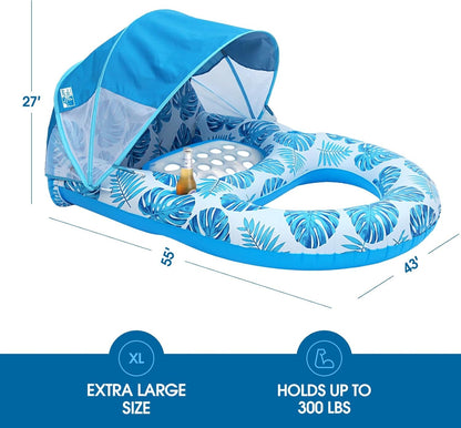 Extra Large Pool Lounge Float with Canopy, Cup and Phone Holders and Backrest Support