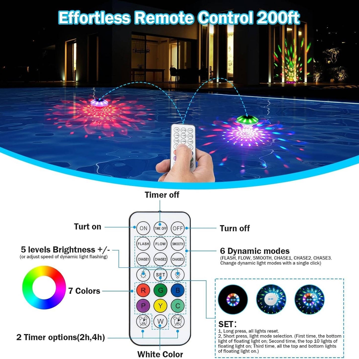 Rechargeable Floating Pool Lights with Remote Color Modes, 2 Pack