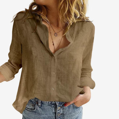 Linen Button Up Shirt with Relaxed Fit and Long Sleeves for Women