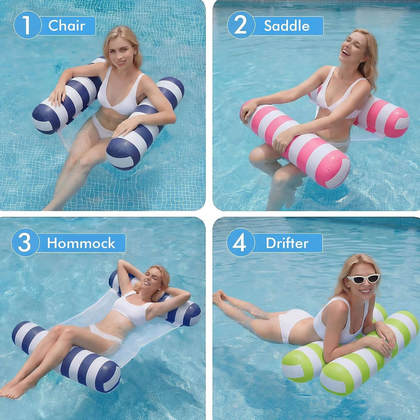 Adult Pool Floats with 4 in 1 Water Hammock Lounge Design, 4 Pack