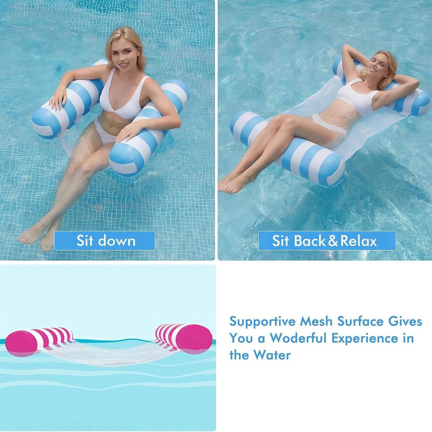 Adult Pool Floats with 4 in 1 Water Hammock Lounge Design, 4 Pack