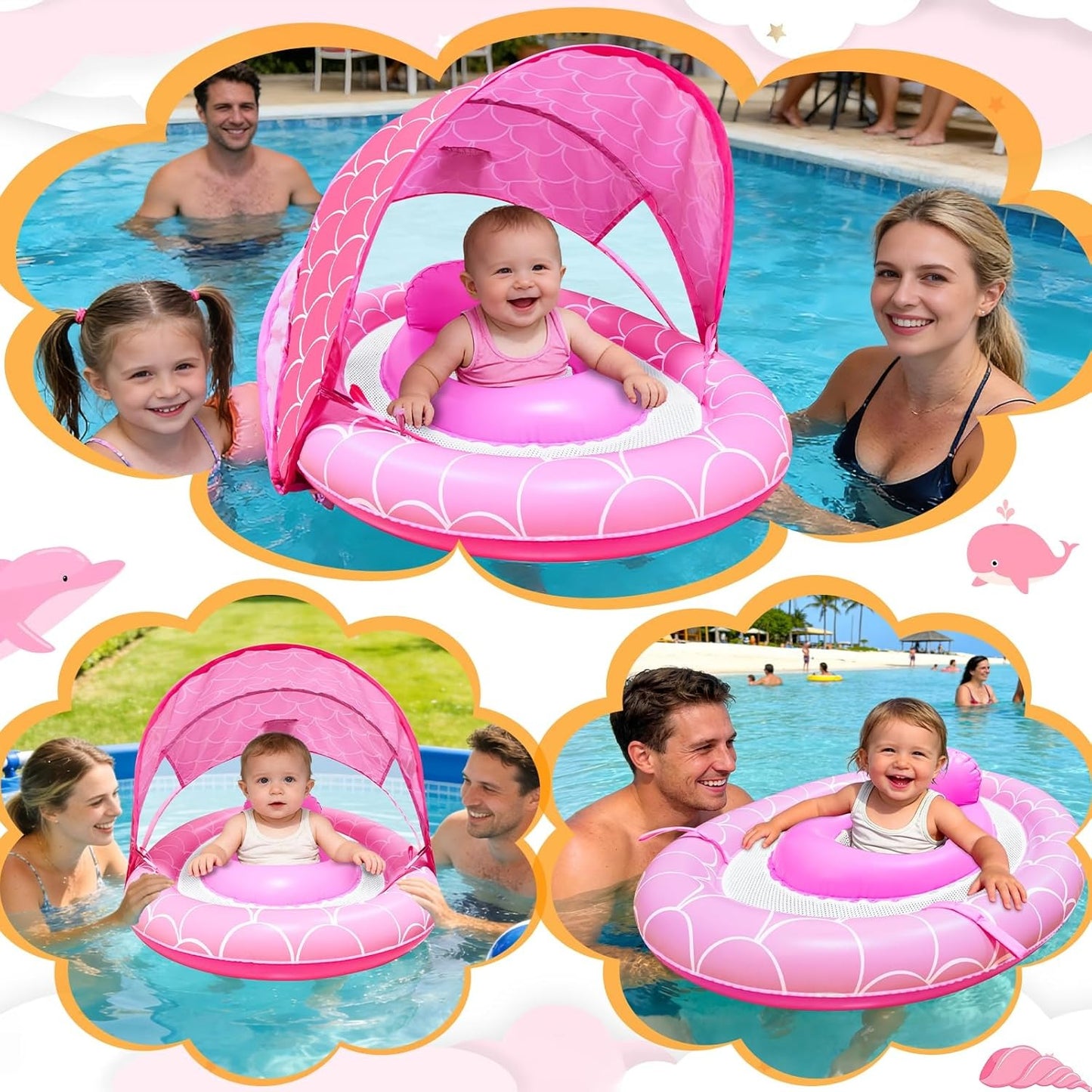 Baby Pool Float with Adjustable Canopy, Mesh Seat and Stable Base for Pool Use