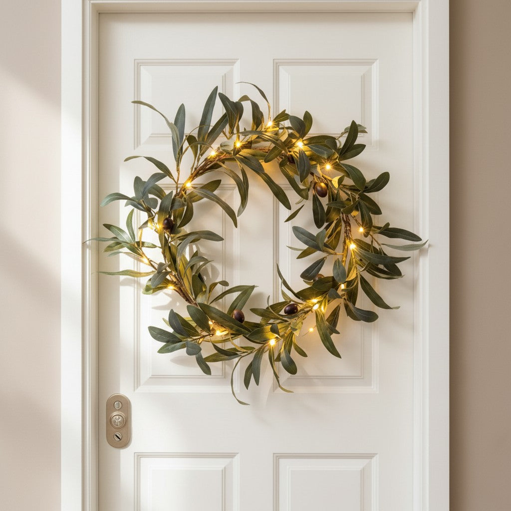 Artificial Olive Leaf Wreath with Warm Fairy Lights for Door Decor