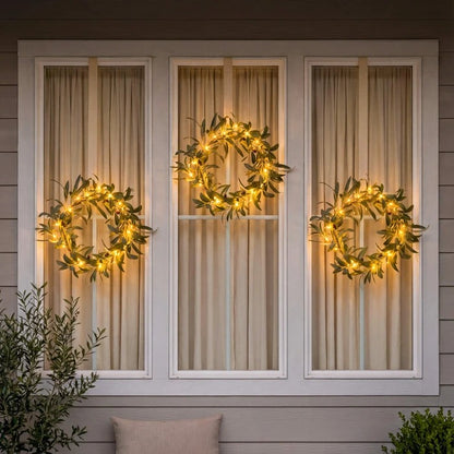 Artificial Olive Leaf Wreath with Warm Fairy Lights for Door Decor