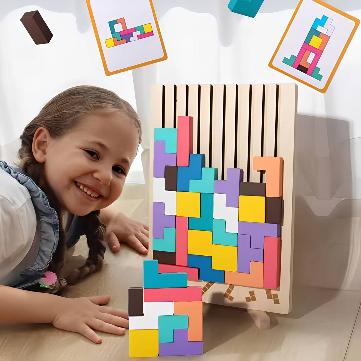 Wooden Puzzle Set with 42 Blocks and 10 Pattern Cards, Foldout Stand