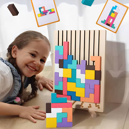 Wooden Puzzle Set with 42 Blocks and 10 Pattern Cards, Foldout Stand