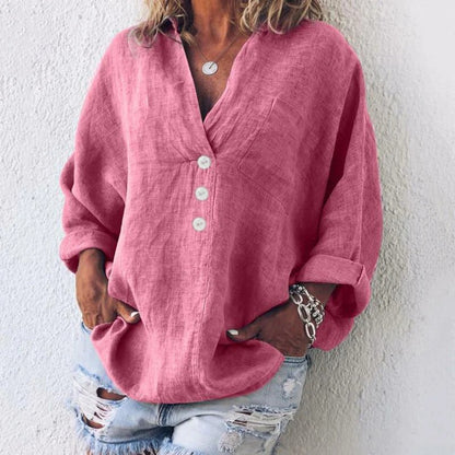 Linen Blend Button Down Blouse with Long Sleeves for Women