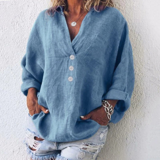 Linen Blend Button Down Blouse with Long Sleeves for Women