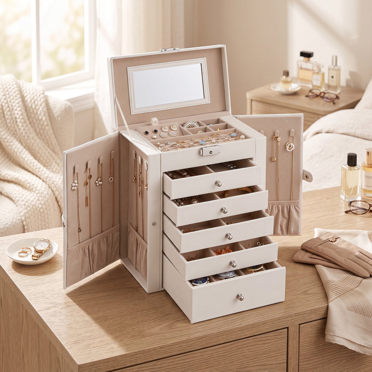 Jewelry Organizer with Six Stacked Tiers and Built-In Mirror, Locking Box