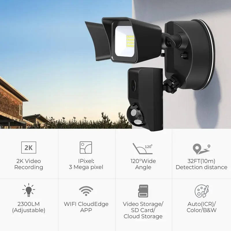 Outdoor Floodlight with 2K Security Camera, Motion Sensor, 2300LM LED, Night Vision