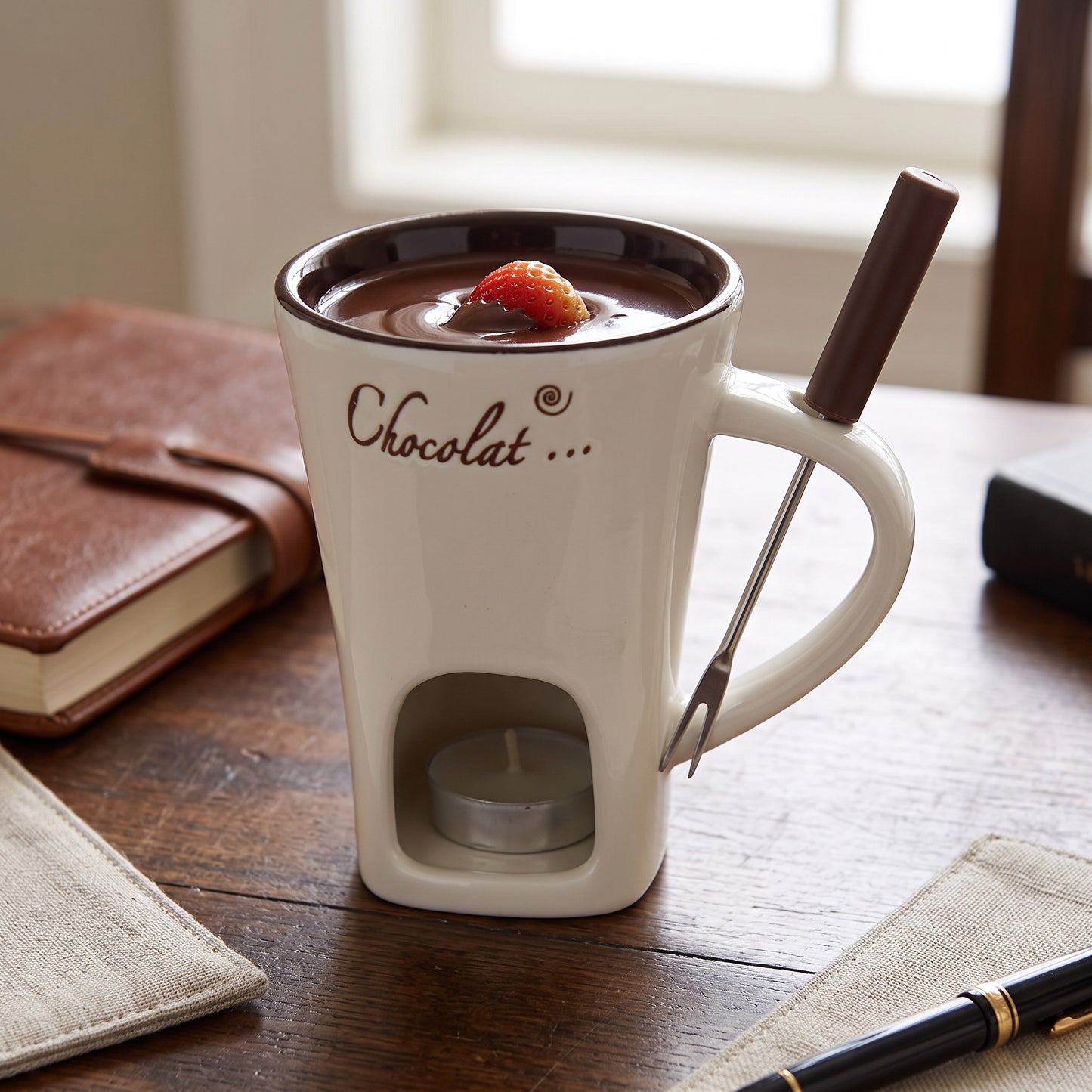 Ceramic Fondue Cup with Stainless Steel Fork and Wax Candle