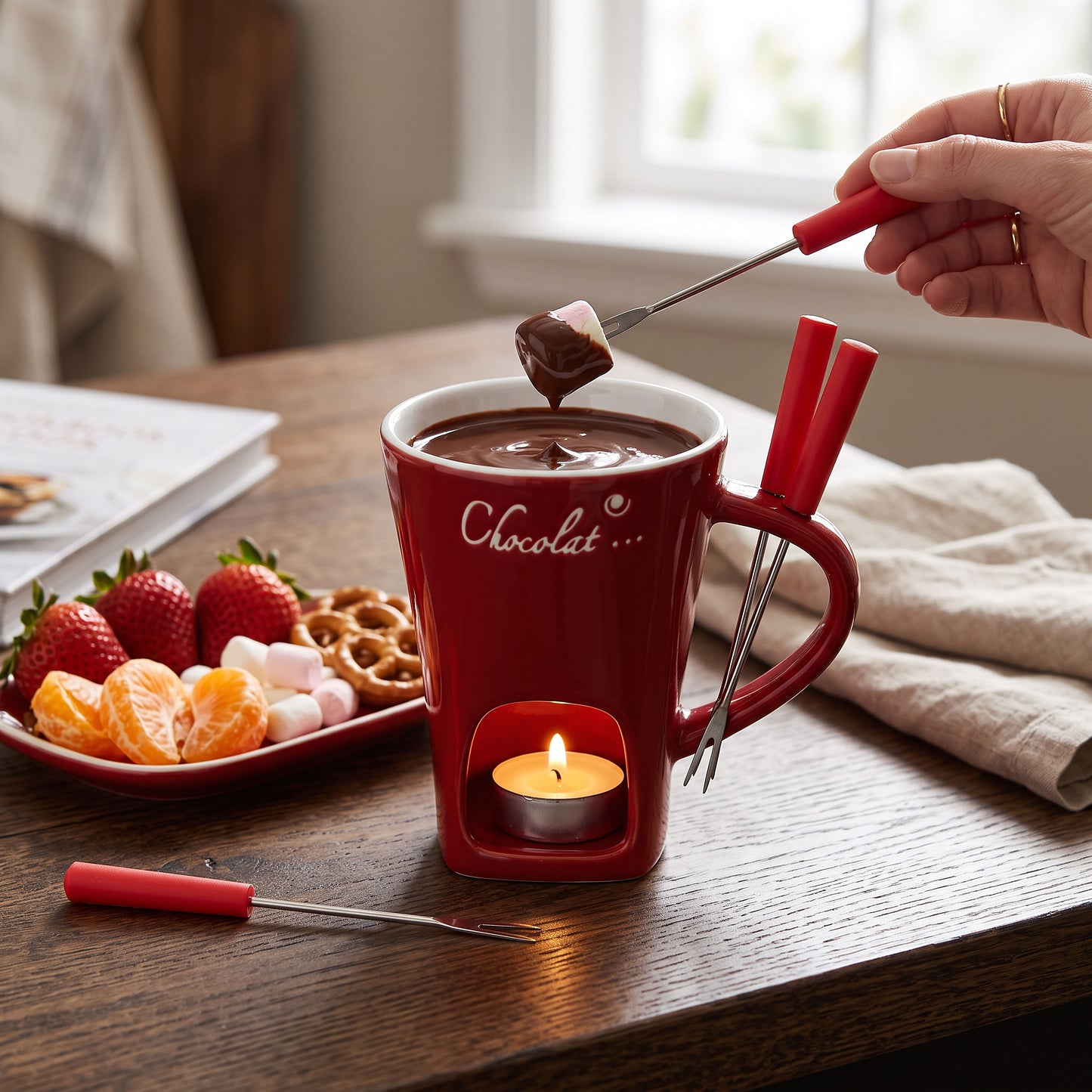 Ceramic Fondue Cup with Stainless Steel Fork and Wax Candle