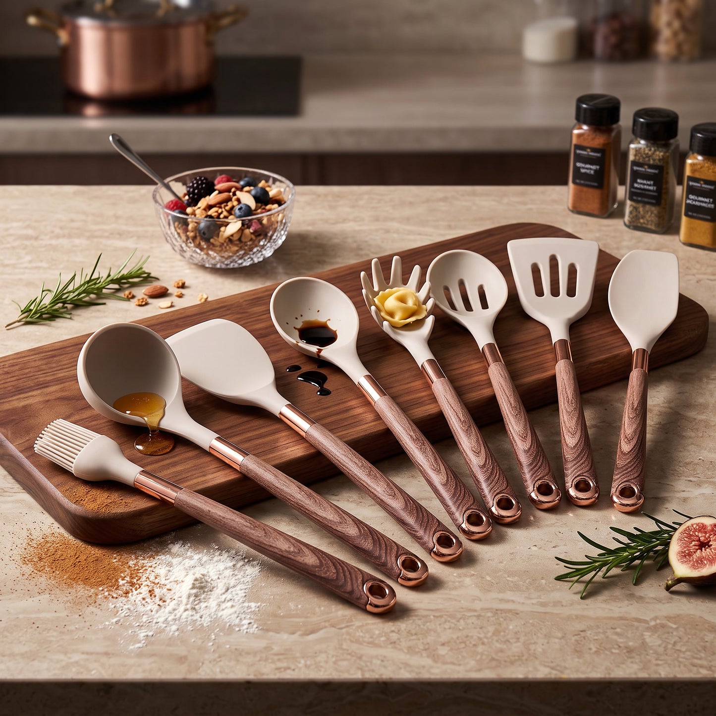 Silicone Kitchen Utensils Set with Wooden Handles and Copper Accents, 10-Piece