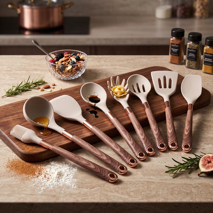Silicone Kitchen Utensils Set with Wooden Handles and Copper Accents, 10-Piece