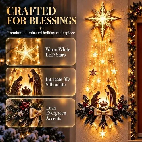 Lit Holy Family Nativity Hanging in Resin with Pine, Red Berries and a Golden Bow Under a Cut Out Star
