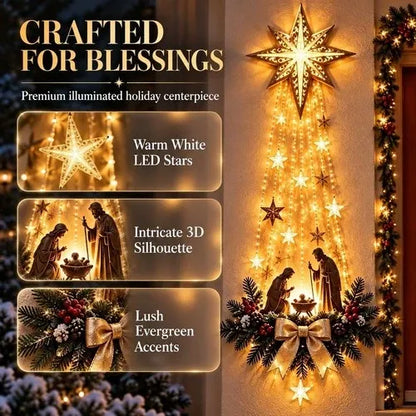 Lit Holy Family Nativity Hanging in Resin with Pine, Red Berries and a Golden Bow Under a Cut Out Star