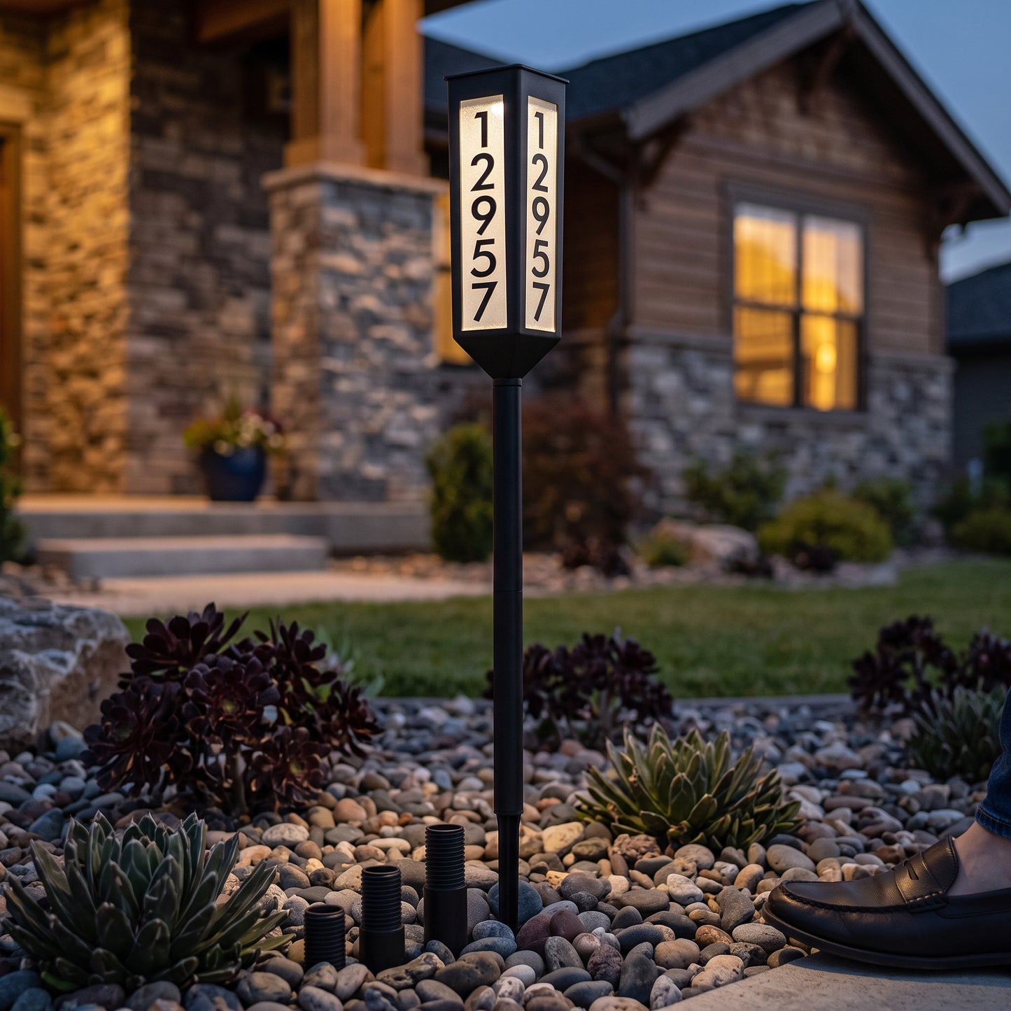 Illuminated Address Stake with Solar Power and Height Adjusters, Customizable Numbers