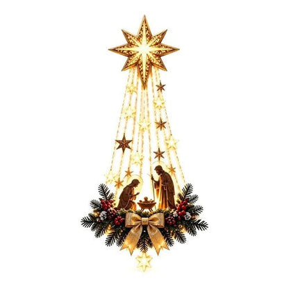 Lit Holy Family Nativity Hanging in Resin with Pine, Red Berries and a Golden Bow Under a Cut Out Star