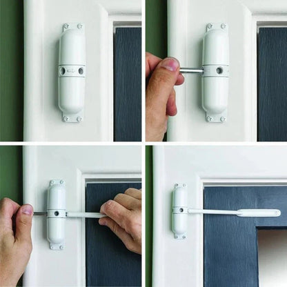 Interior Door Closer with Spring-Loaded Arm and Cushioned Closing Action