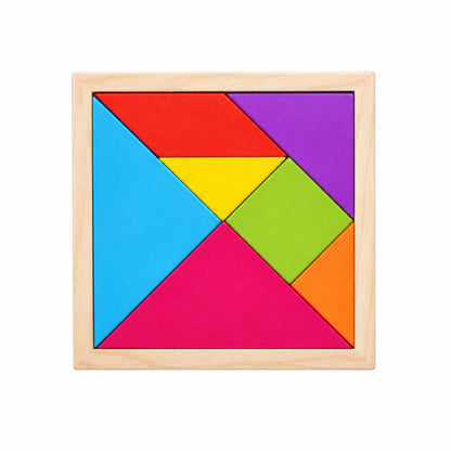 Seven Piece Wooden Tangram Set in Bright Colors for Pattern Play At Home Or in Class