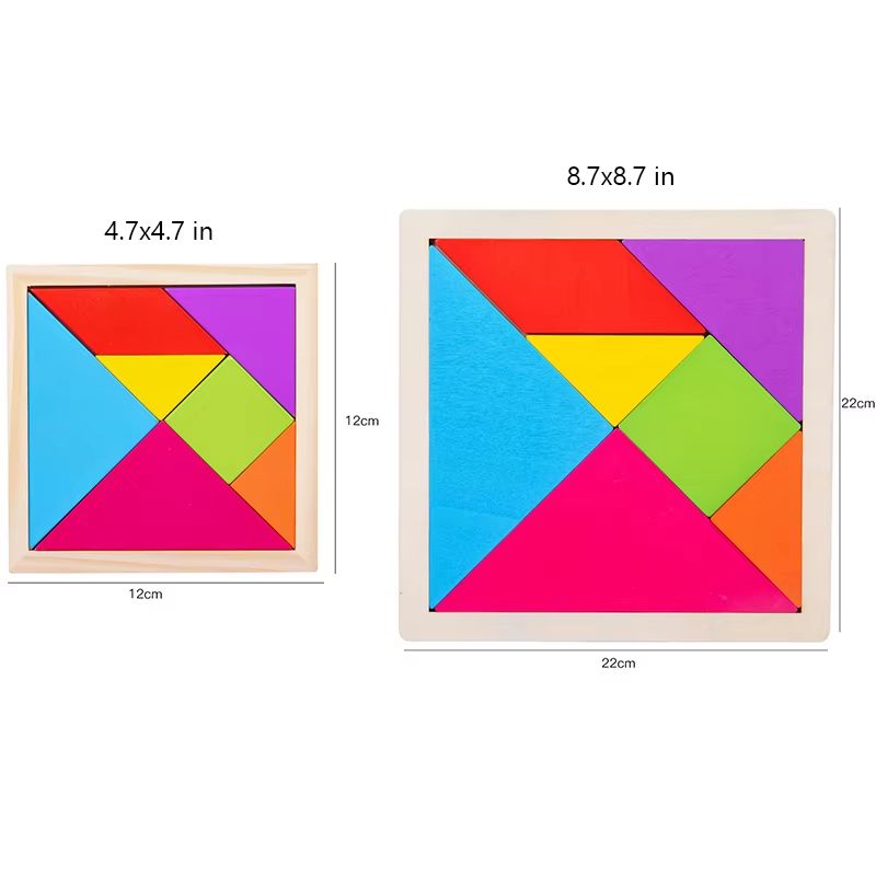 Seven Piece Wooden Tangram Set in Bright Colors for Pattern Play At Home Or in Class