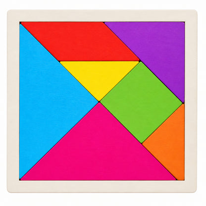 Seven Piece Wooden Tangram Set in Bright Colors for Pattern Play At Home Or in Class
