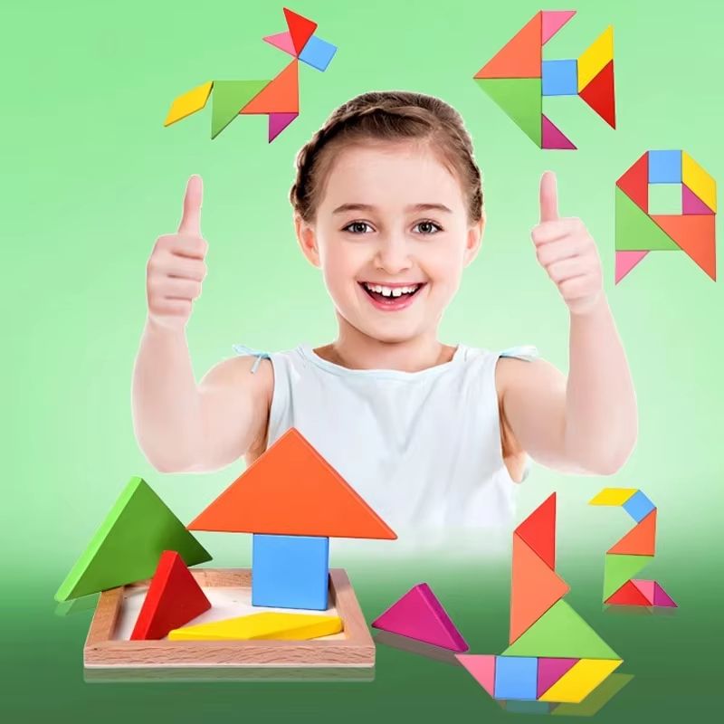 Seven Piece Wooden Tangram Set in Bright Colors for Pattern Play At Home Or in Class