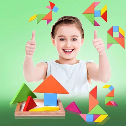 Seven Piece Wooden Tangram Set in Bright Colors for Pattern Play At Home Or in Class