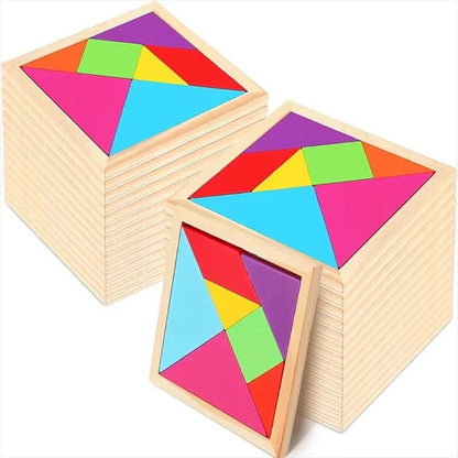 Seven Piece Wooden Tangram Set in Bright Colors for Pattern Play At Home Or in Class