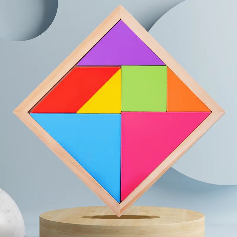 Seven Piece Wooden Tangram Set in Bright Colors for Pattern Play At Home Or in Class