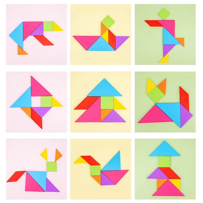 Seven Piece Wooden Tangram Set in Bright Colors for Pattern Play At Home Or in Class