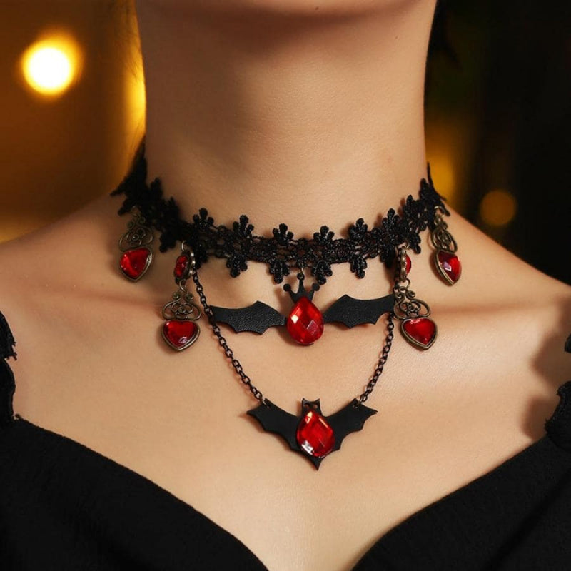 Gothic Bat Pendant Necklace with Ruby Heart Charm and Adjustable Chain