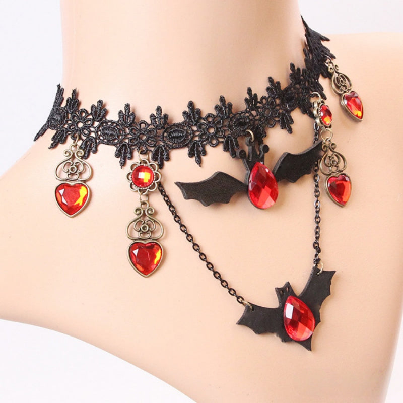 Gothic Bat Pendant Necklace with Ruby Heart Charm and Adjustable Chain