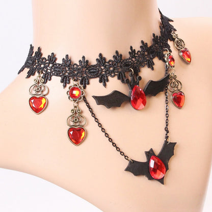 Gothic Bat Pendant Necklace with Ruby Heart Charm and Adjustable Chain