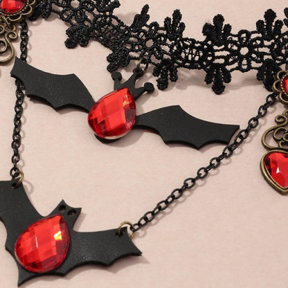Gothic Bat Pendant Necklace with Ruby Heart Charm and Adjustable Chain