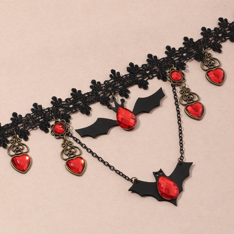 Gothic Bat Pendant Necklace with Ruby Heart Charm and Adjustable Chain