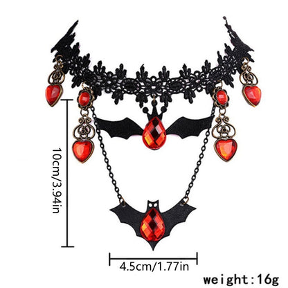 Gothic Bat Pendant Necklace with Ruby Heart Charm and Adjustable Chain
