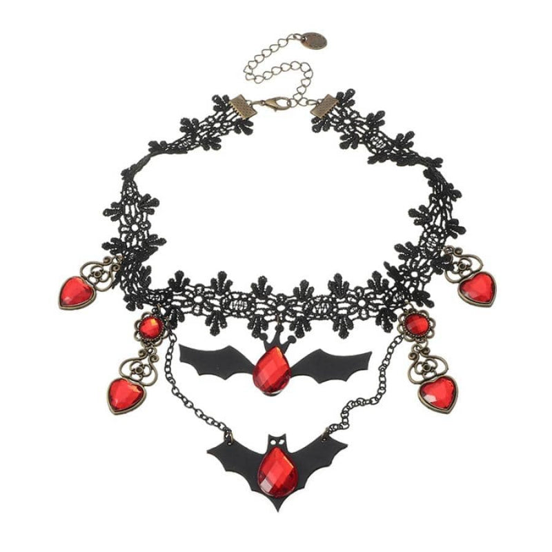 Gothic Bat Pendant Necklace with Ruby Heart Charm and Adjustable Chain