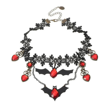Gothic Bat Pendant Necklace with Ruby Heart Charm and Adjustable Chain