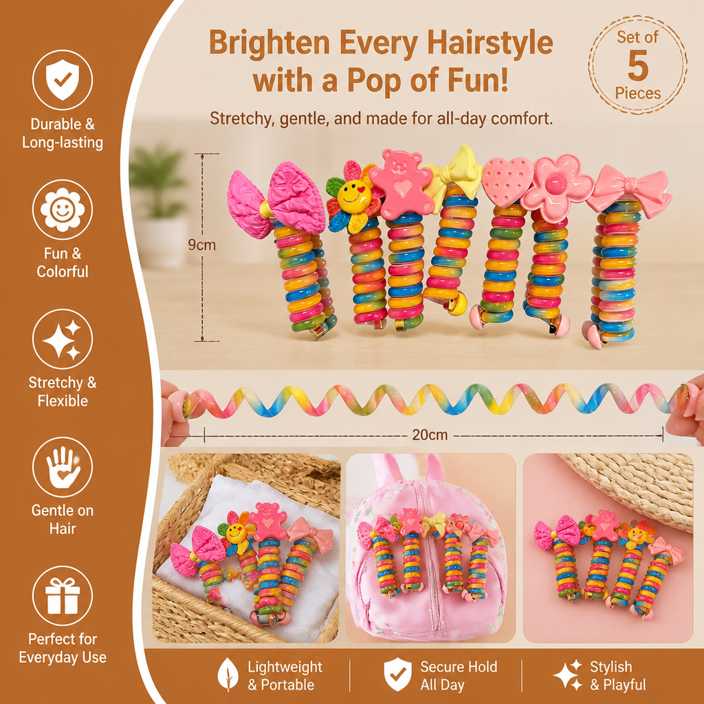 Spiral Hair Ties for Kids with Flower and Heart Designs