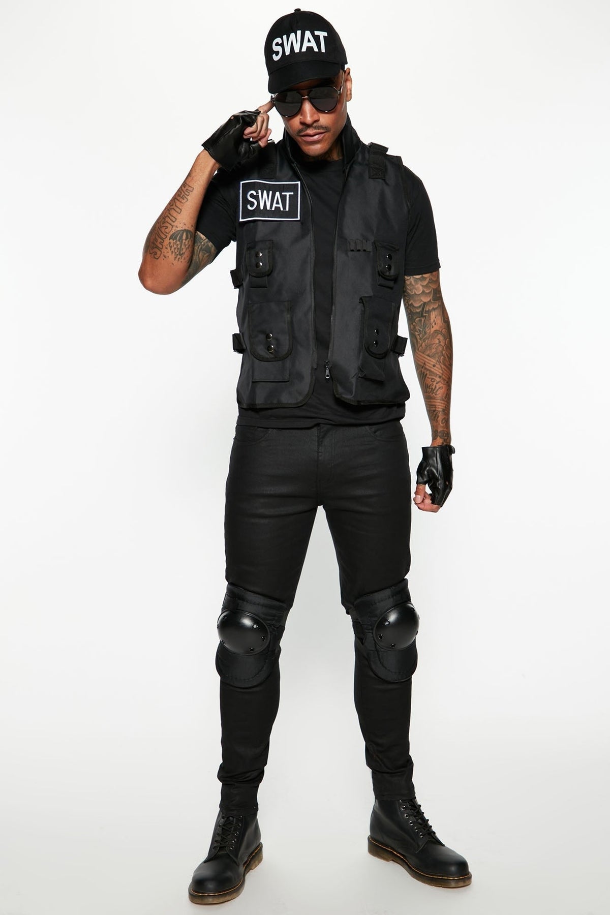 Four Piece Tactical Costume Set with Vest Cap and Fingerless Gloves
