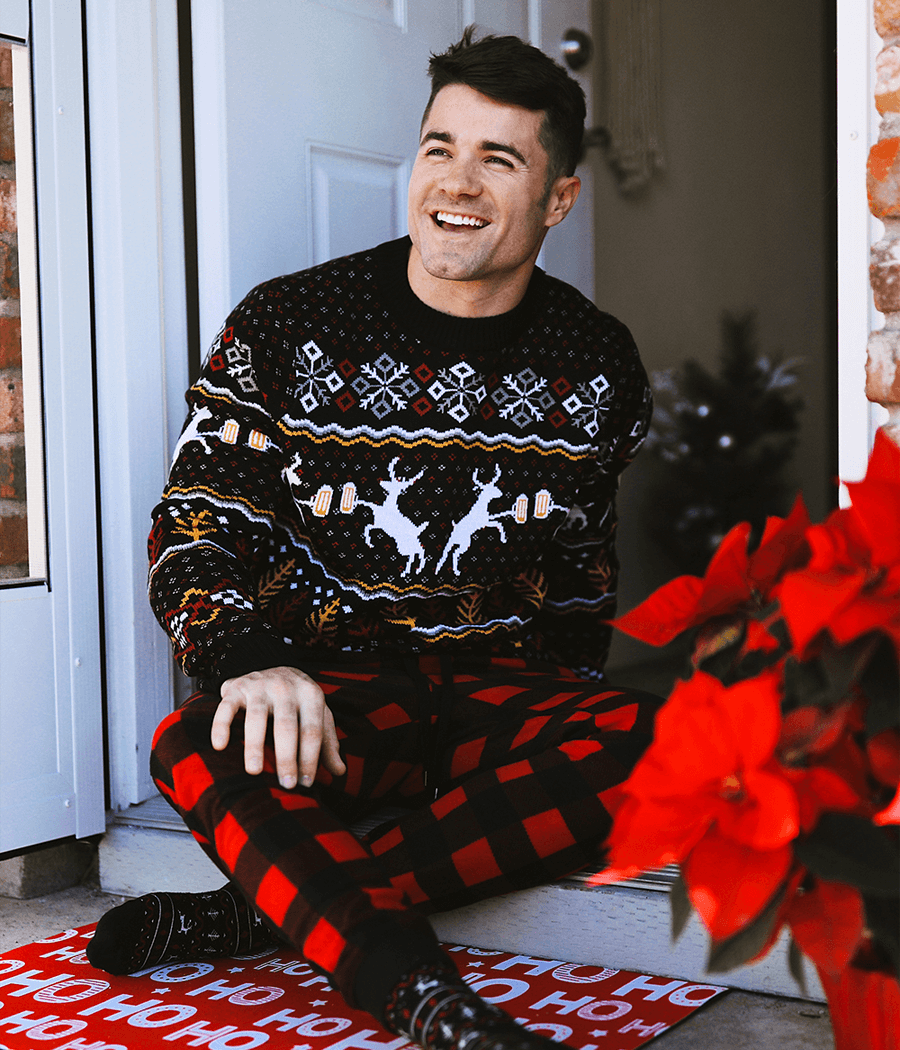 Mens Christmas Sweater with Deer Mugs Trees and Snowflakes in Fluffy Knit for Holiday Parties