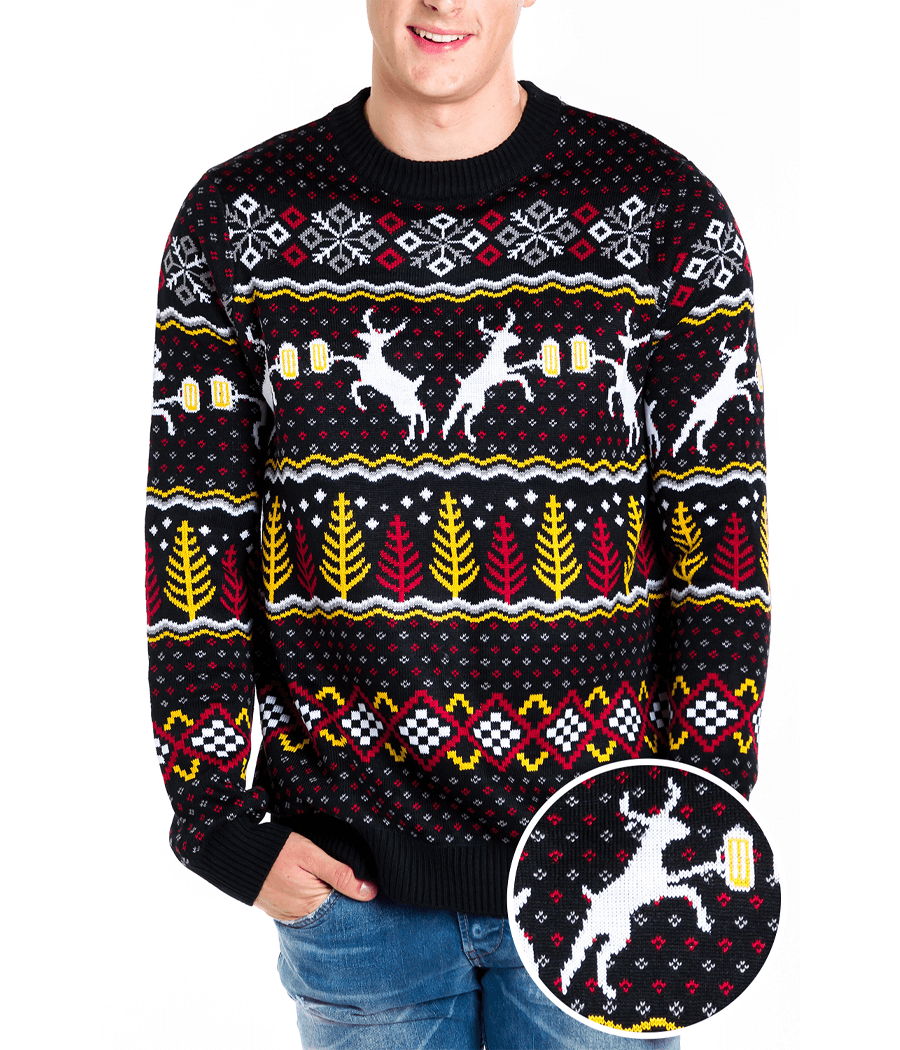 Mens Christmas Sweater with Deer Mugs Trees and Snowflakes in Fluffy Knit for Holiday Parties