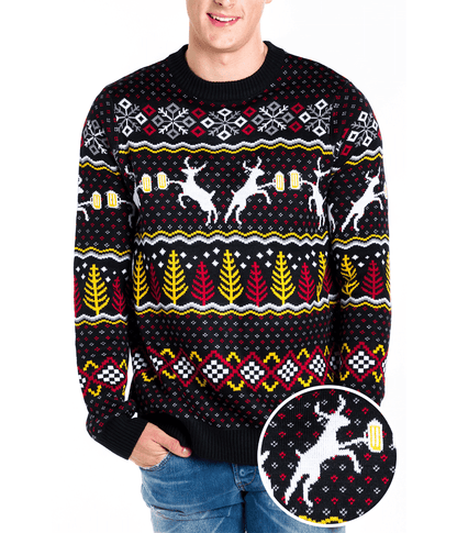 Mens Christmas Sweater with Deer Mugs Trees and Snowflakes in Fluffy Knit for Holiday Parties