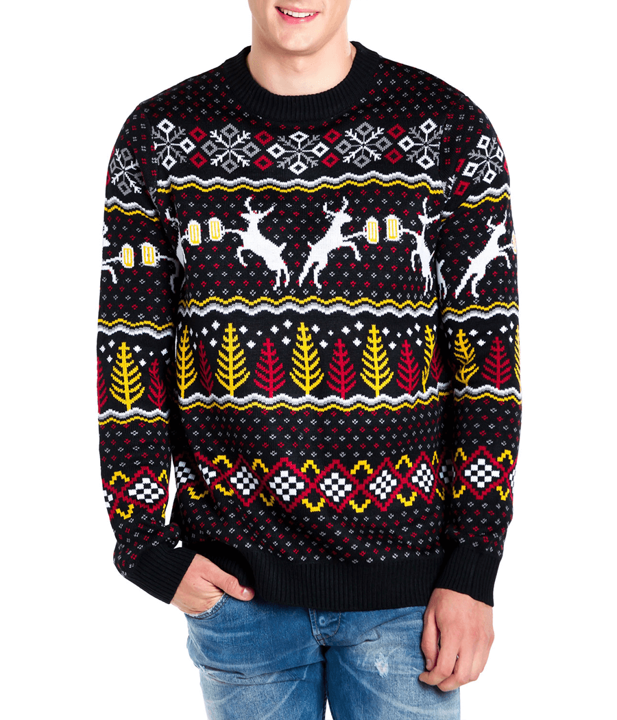 Mens Christmas Sweater with Deer Mugs Trees and Snowflakes in Fluffy Knit for Holiday Parties