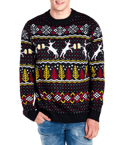 Mens Christmas Sweater with Deer Mugs Trees and Snowflakes in Fluffy Knit for Holiday Parties