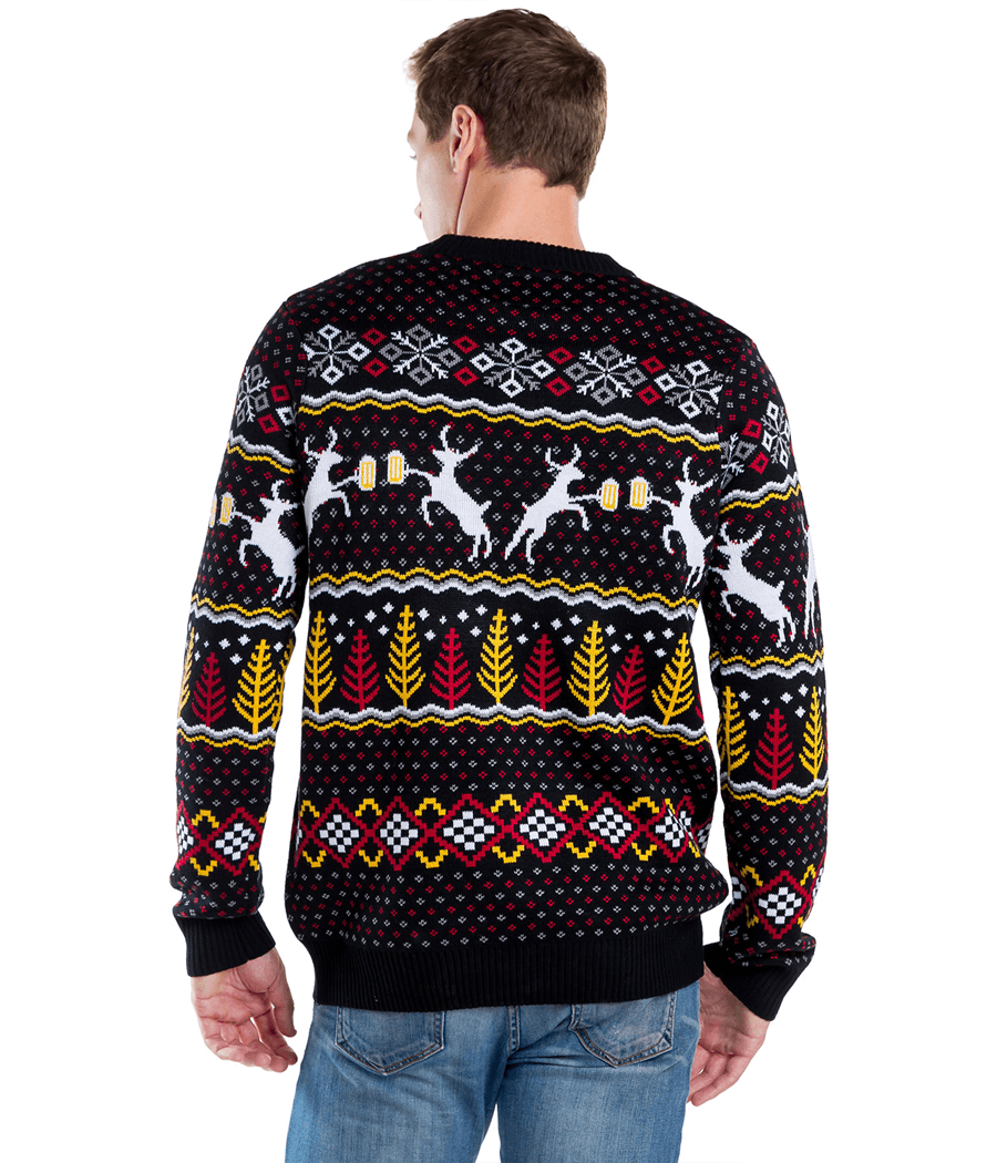 Mens Christmas Sweater with Deer Mugs Trees and Snowflakes in Fluffy Knit for Holiday Parties