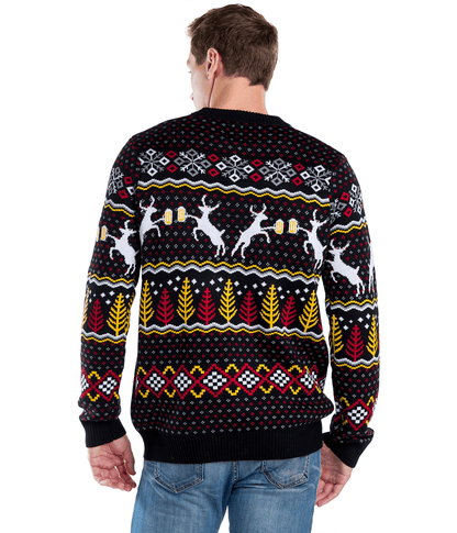 Mens Christmas Sweater with Deer Mugs Trees and Snowflakes in Fluffy Knit for Holiday Parties