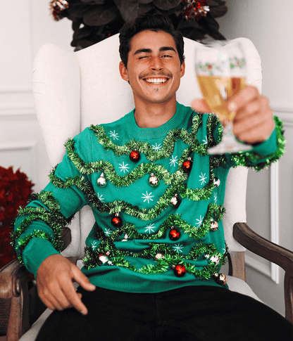 Green Christmas Tree Sweater for Men with Tinsel Garland and Shiny Baubles for Holiday Parties